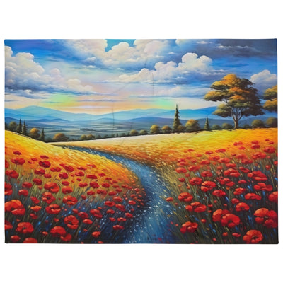 Feld mit roten Blumen und Berglandschaft - Landschaftsmalerei - Überwurfdecke berge xxx 60″×80″