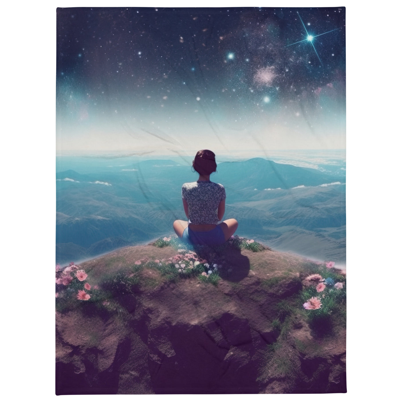 Frau sitzt auf Berg – Cosmos und Sterne im Hintergrund - Landschaftsmalerei - Überwurfdecke berge xxx 152.4 x 203.2 cm