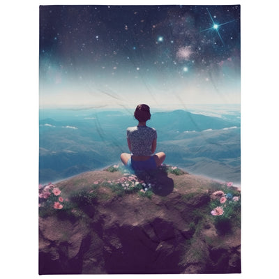 Frau sitzt auf Berg – Cosmos und Sterne im Hintergrund - Landschaftsmalerei - Überwurfdecke berge xxx 60″×80″