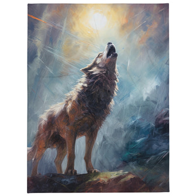 Heulender Wolf auf Berggipfel und Mond im Hintergrund – Abstrakte Malerei - Überwurfdecke camping xxx 152.4 x 203.2 cm