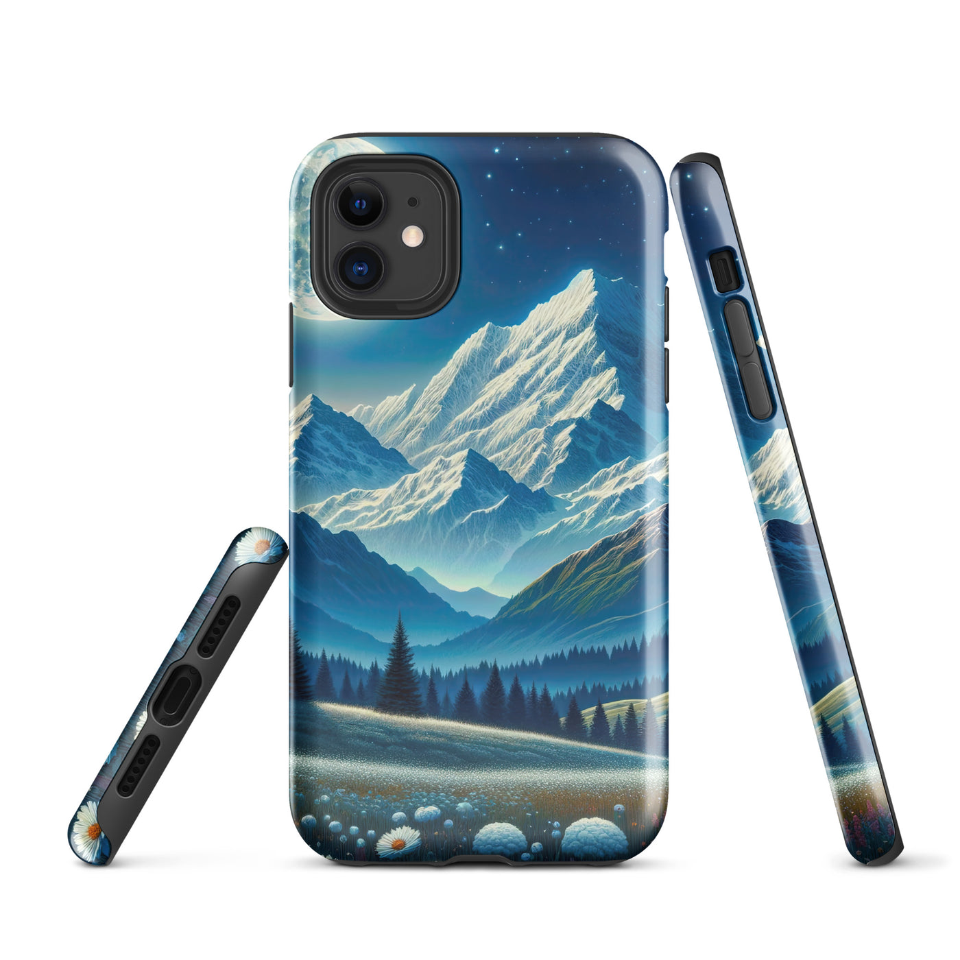 Klare frühlingshafte Alpennacht mit Blumen und Vollmond über Schneegipfeln - iPhone Schutzhülle (robust) berge xxx yyy zzz iPhone 11