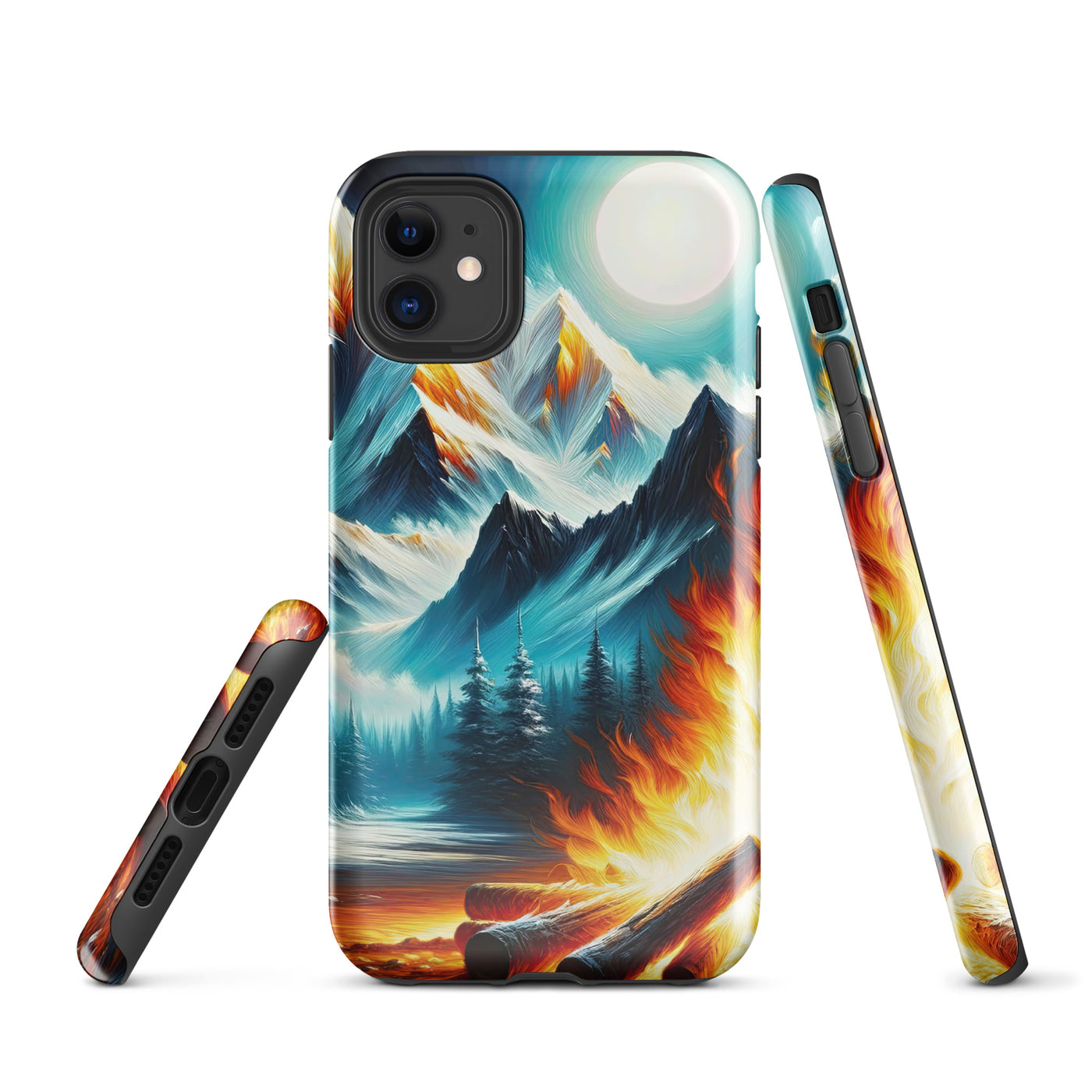 Ölgemälde von Feuer und Eis: Lagerfeuer und Alpen im Kontrast, warme Flammen - iPhone Schutzhülle (robust) camping xxx yyy zzz iPhone 11