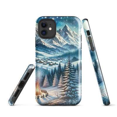 Aquarell eines Winterabends in den Alpen mit Lagerfeuer und Wanderern, glitzernder Neuschnee - iPhone Schutzhülle (robust) camping xxx yyy zzz iPhone 11