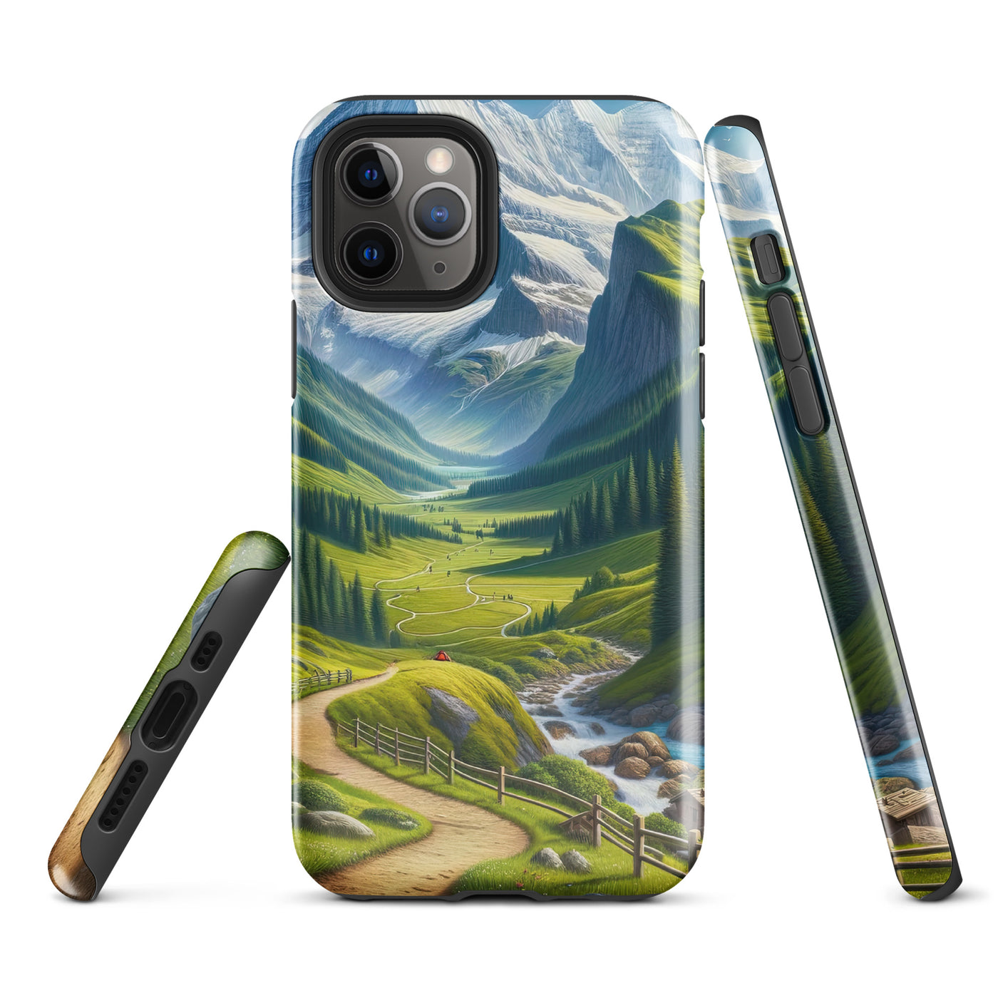 Wanderer in den Bergen und Wald: Digitale Malerei mit grünen kurvenreichen Pfaden - iPhone Schutzhülle (robust) wandern xxx yyy zzz iPhone 11 Pro