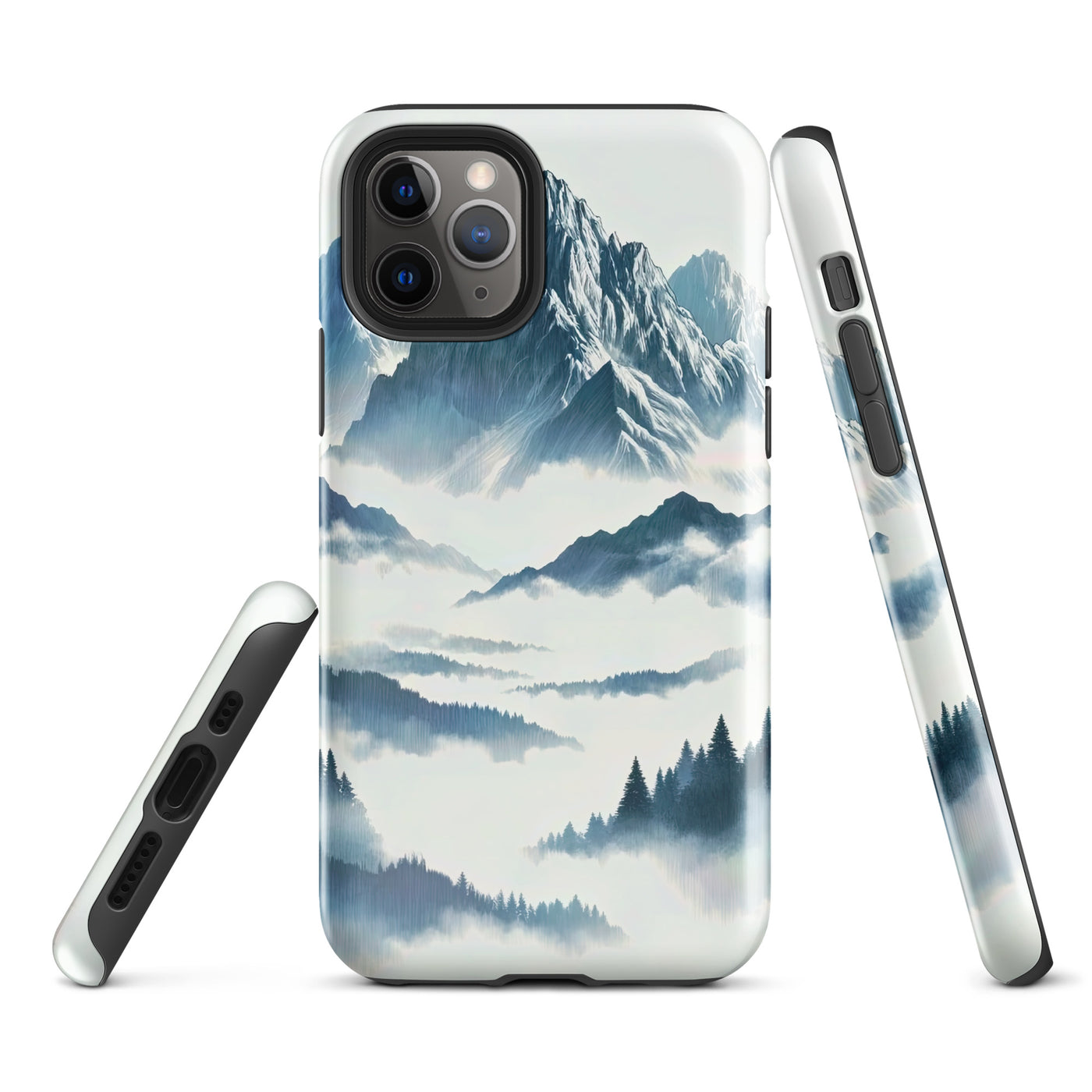Nebeliger Alpenmorgen-Essenz, verdeckte Täler und Wälder - iPhone Schutzhülle (robust) berge xxx yyy zzz iPhone 11 Pro