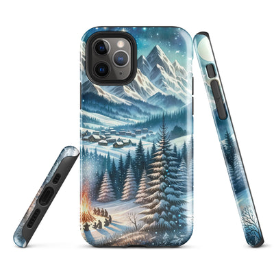 Aquarell eines Winterabends in den Alpen mit Lagerfeuer und Wanderern, glitzernder Neuschnee - iPhone Schutzhülle (robust) camping xxx yyy zzz iPhone 11 Pro
