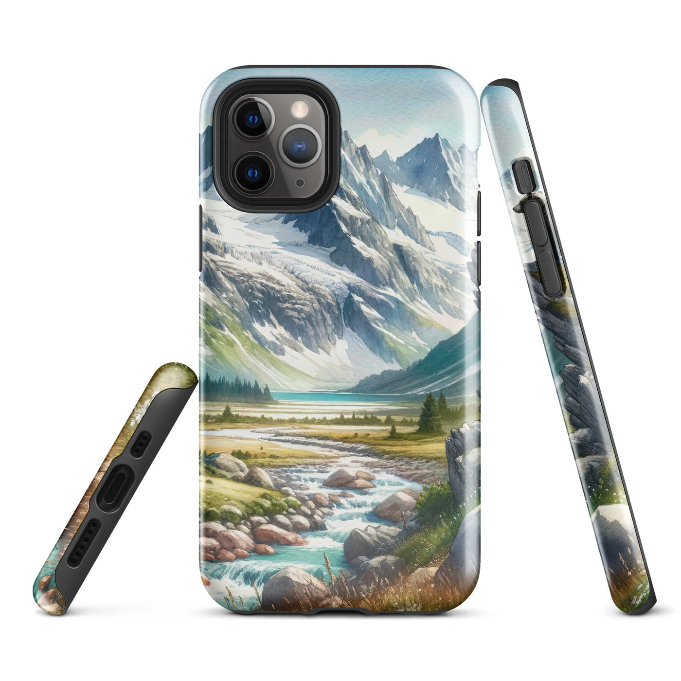 Aquarellmalerei eines Bären und der sommerlichen Alpenschönheit mit schneebedeckten Ketten - iPhone Schutzhülle (robust) camping xxx yyy zzz iPhone 11 Pro