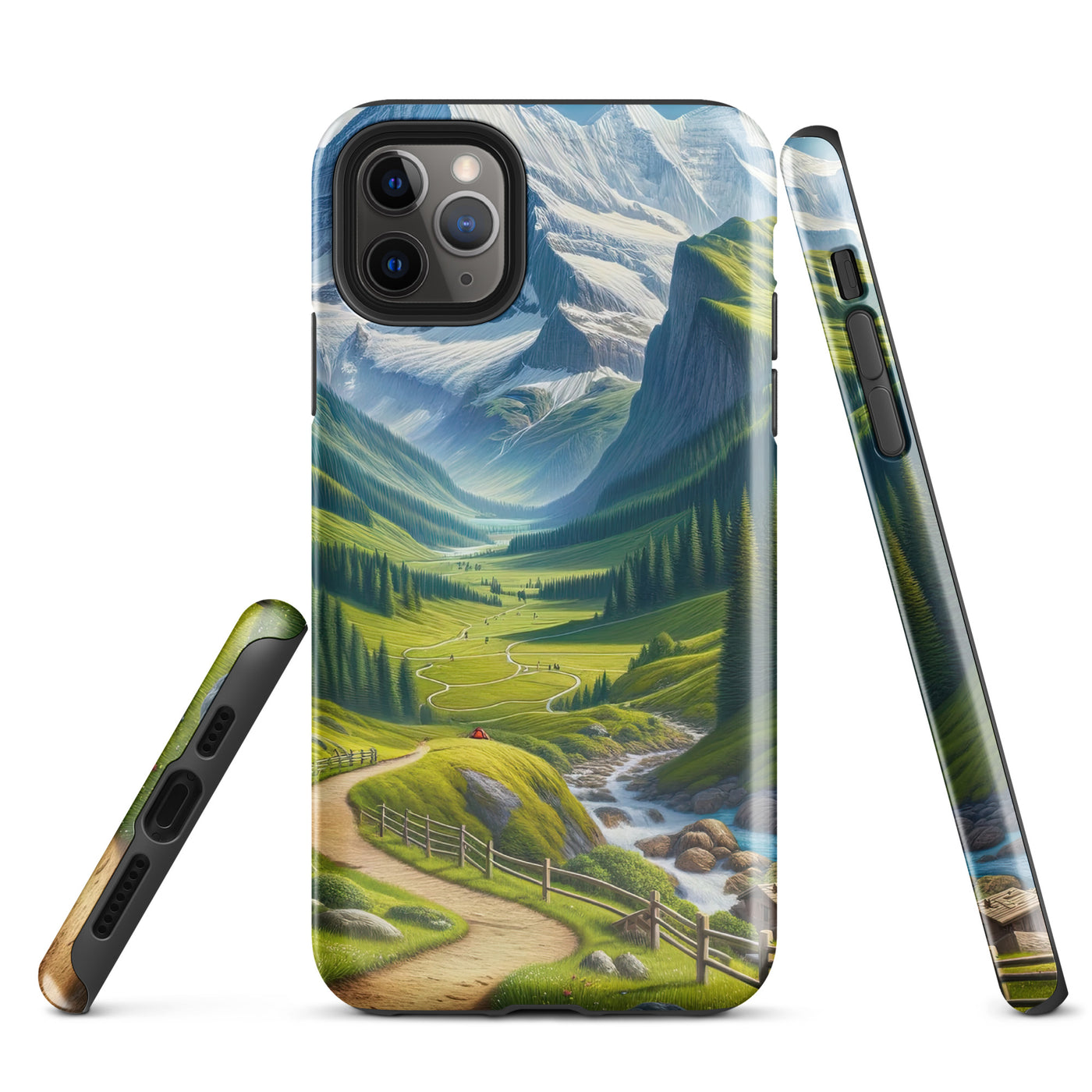 Wanderer in den Bergen und Wald: Digitale Malerei mit grünen kurvenreichen Pfaden - iPhone Schutzhülle (robust) wandern xxx yyy zzz iPhone 11 Pro Max