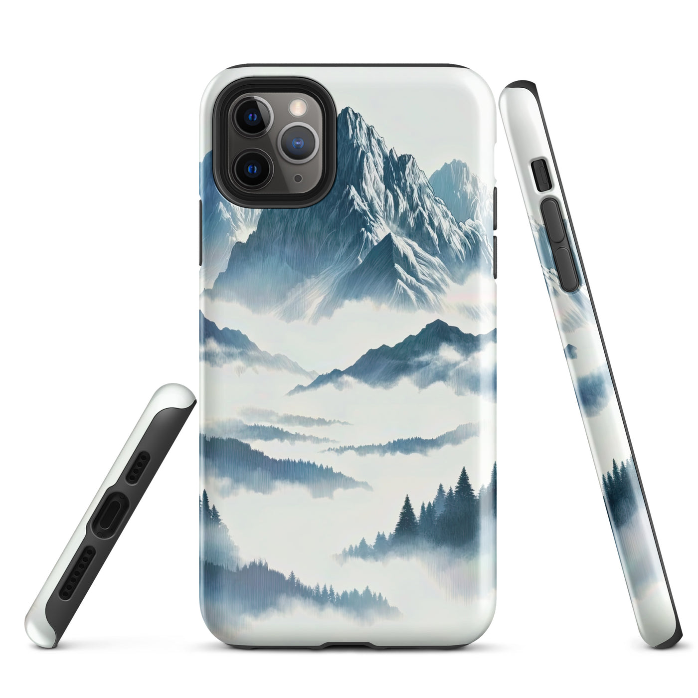 Nebeliger Alpenmorgen-Essenz, verdeckte Täler und Wälder - iPhone Schutzhülle (robust) berge xxx yyy zzz iPhone 11 Pro Max