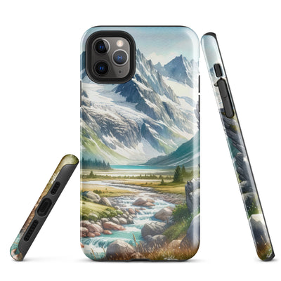 Aquarellmalerei eines Bären und der sommerlichen Alpenschönheit mit schneebedeckten Ketten - iPhone Schutzhülle (robust) camping xxx yyy zzz iPhone 11 Pro Max