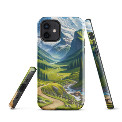 Wanderer in den Bergen und Wald: Digitale Malerei mit grünen kurvenreichen Pfaden - iPhone Schutzhülle (robust) wandern xxx yyy zzz iPhone 12