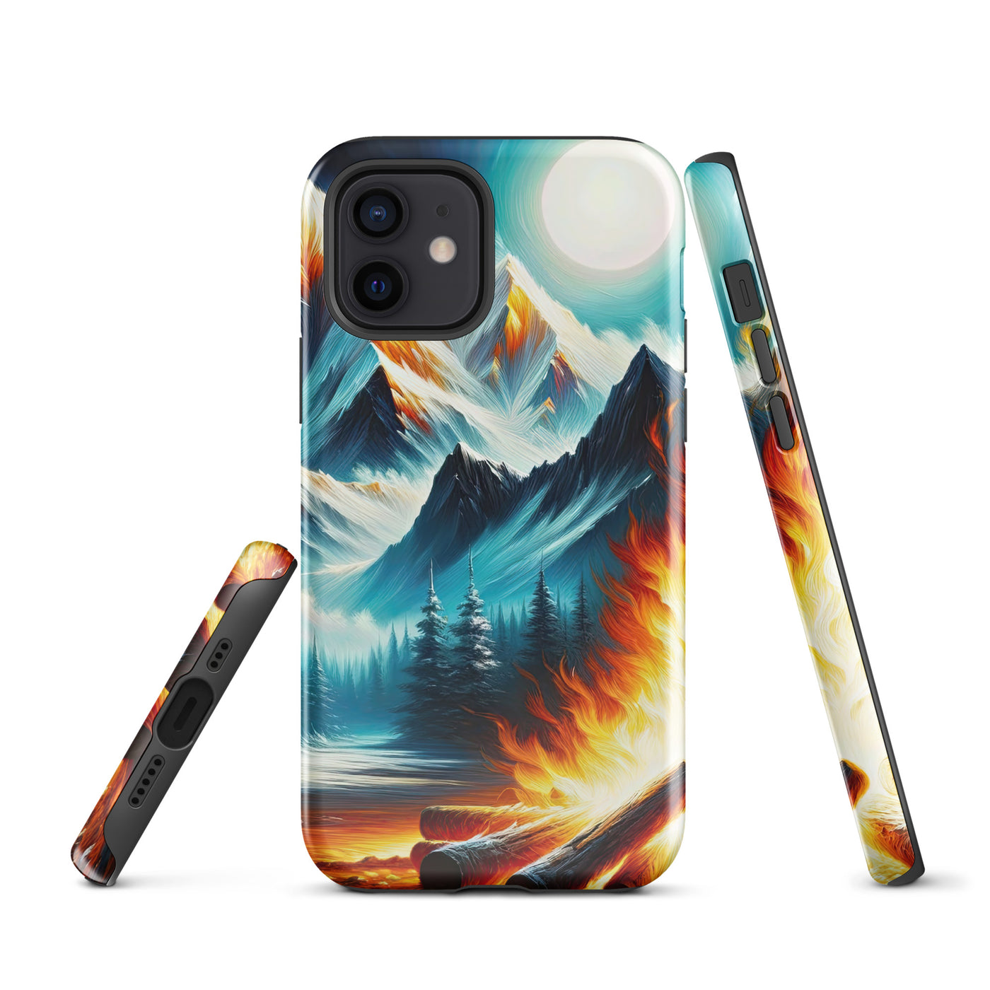 Ölgemälde von Feuer und Eis: Lagerfeuer und Alpen im Kontrast, warme Flammen - iPhone Schutzhülle (robust) camping xxx yyy zzz iPhone 12