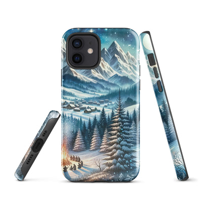 Aquarell eines Winterabends in den Alpen mit Lagerfeuer und Wanderern, glitzernder Neuschnee - iPhone Schutzhülle (robust) camping xxx yyy zzz iPhone 12