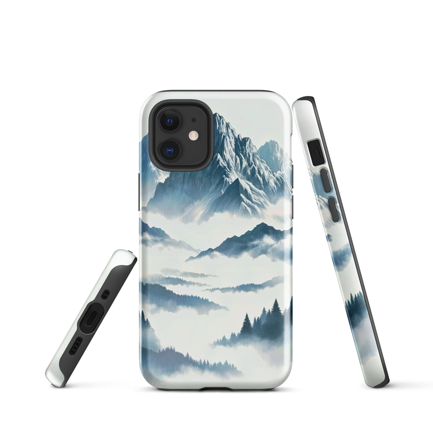 Nebeliger Alpenmorgen-Essenz, verdeckte Täler und Wälder - iPhone Schutzhülle (robust) berge xxx yyy zzz iPhone 12 mini