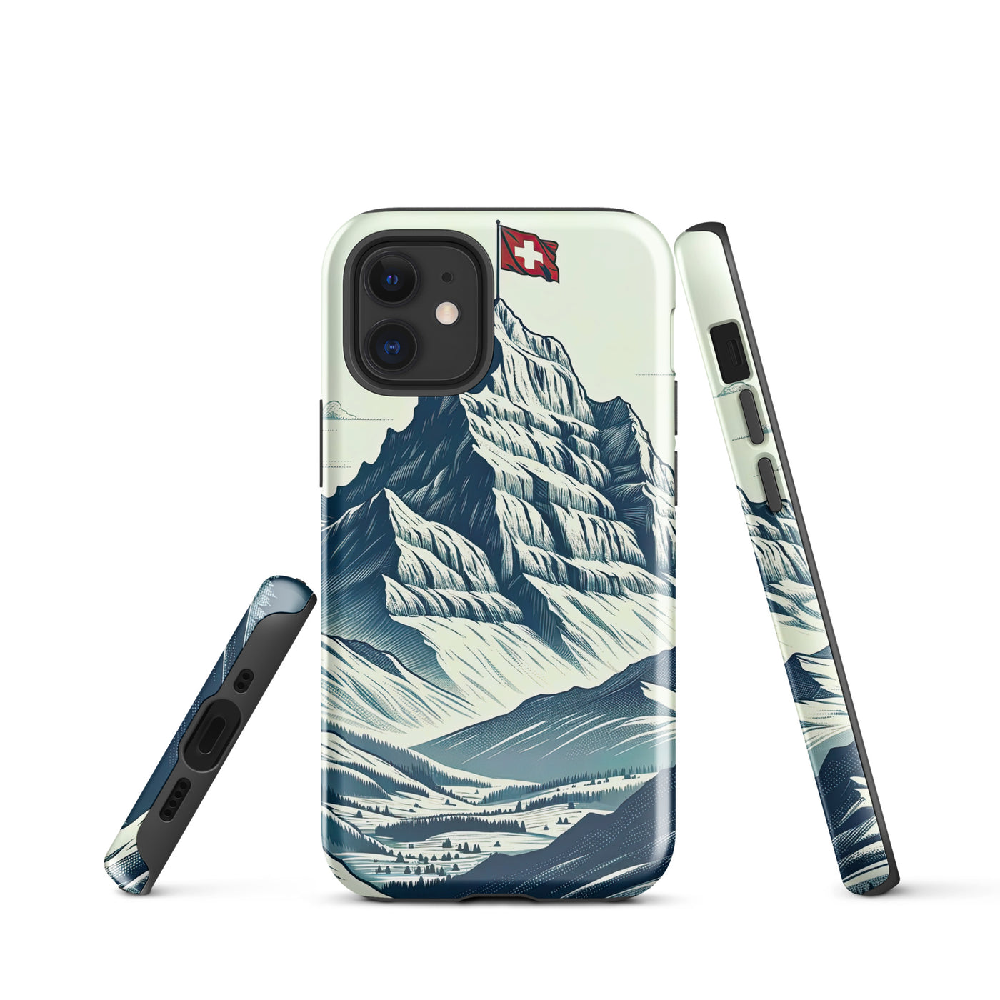 Ausgedehnte Bergkette mit dominierendem Gipfel und wehender Schweizer Flagge - iPhone Schutzhülle (robust) berge xxx yyy zzz iPhone 12 mini