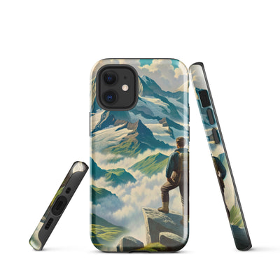 Panoramablick der Alpen mit Wanderer auf einem Hügel und schroffen Gipfeln - iPhone Schutzhülle (robust) wandern xxx yyy zzz iPhone 12 mini