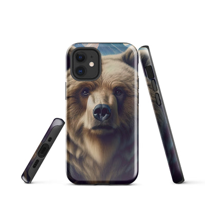Foto eines Bären vor abstrakt gemalten Alpenbergen, Oberkörper im Fokus - iPhone Schutzhülle (robust) camping xxx yyy zzz iPhone 12 mini