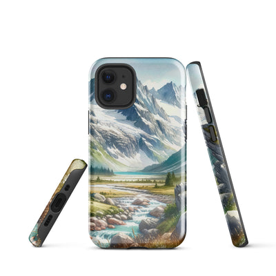 Aquarellmalerei eines Bären und der sommerlichen Alpenschönheit mit schneebedeckten Ketten - iPhone Schutzhülle (robust) camping xxx yyy zzz iPhone 12 mini