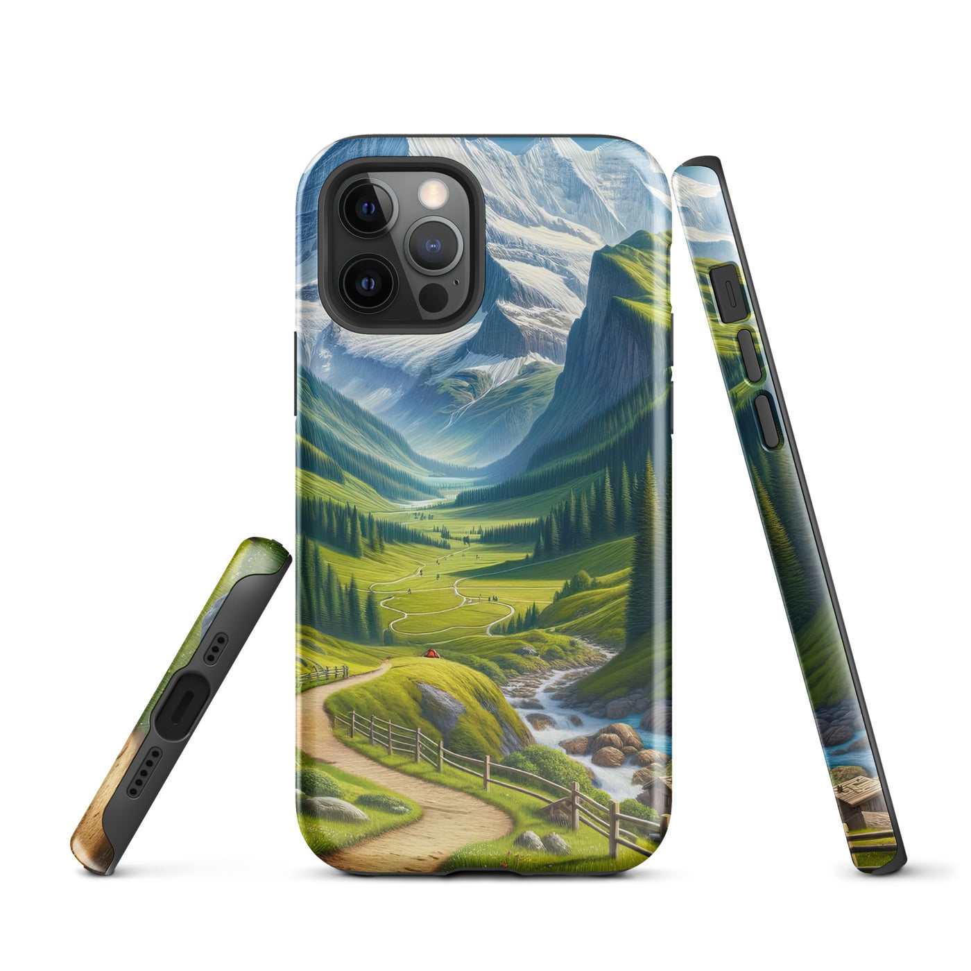 Wanderer in den Bergen und Wald: Digitale Malerei mit grünen kurvenreichen Pfaden - iPhone Schutzhülle (robust) wandern xxx yyy zzz iPhone 12 Pro