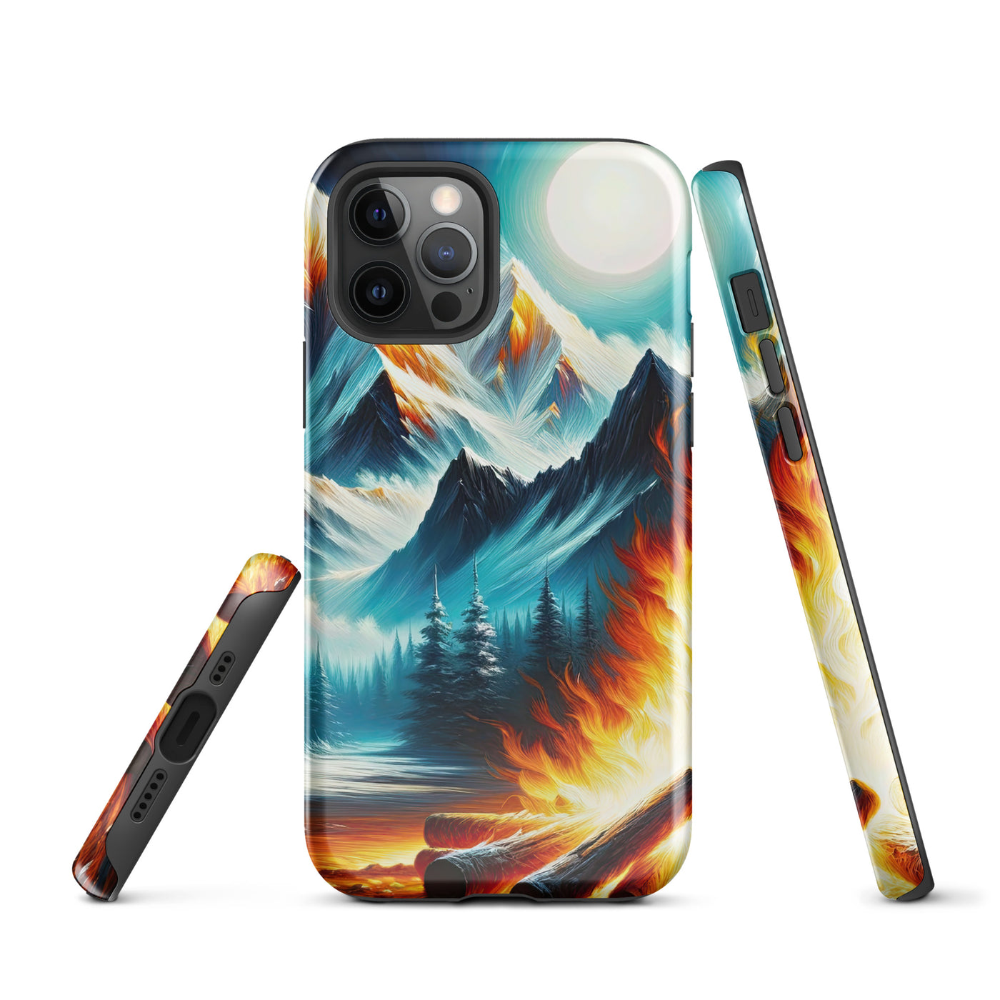 Ölgemälde von Feuer und Eis: Lagerfeuer und Alpen im Kontrast, warme Flammen - iPhone Schutzhülle (robust) camping xxx yyy zzz iPhone 12 Pro