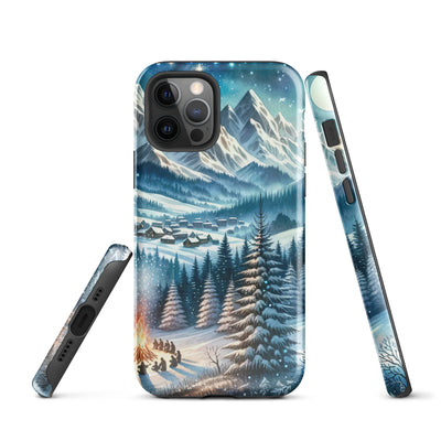 Aquarell eines Winterabends in den Alpen mit Lagerfeuer und Wanderern, glitzernder Neuschnee - iPhone Schutzhülle (robust) camping xxx yyy zzz iPhone 12 Pro