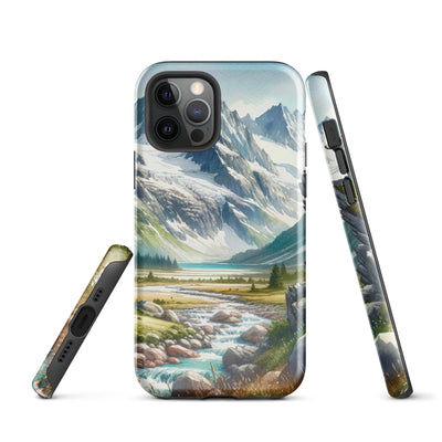 Aquarellmalerei eines Bären und der sommerlichen Alpenschönheit mit schneebedeckten Ketten - iPhone Schutzhülle (robust) camping xxx yyy zzz iPhone 12 Pro