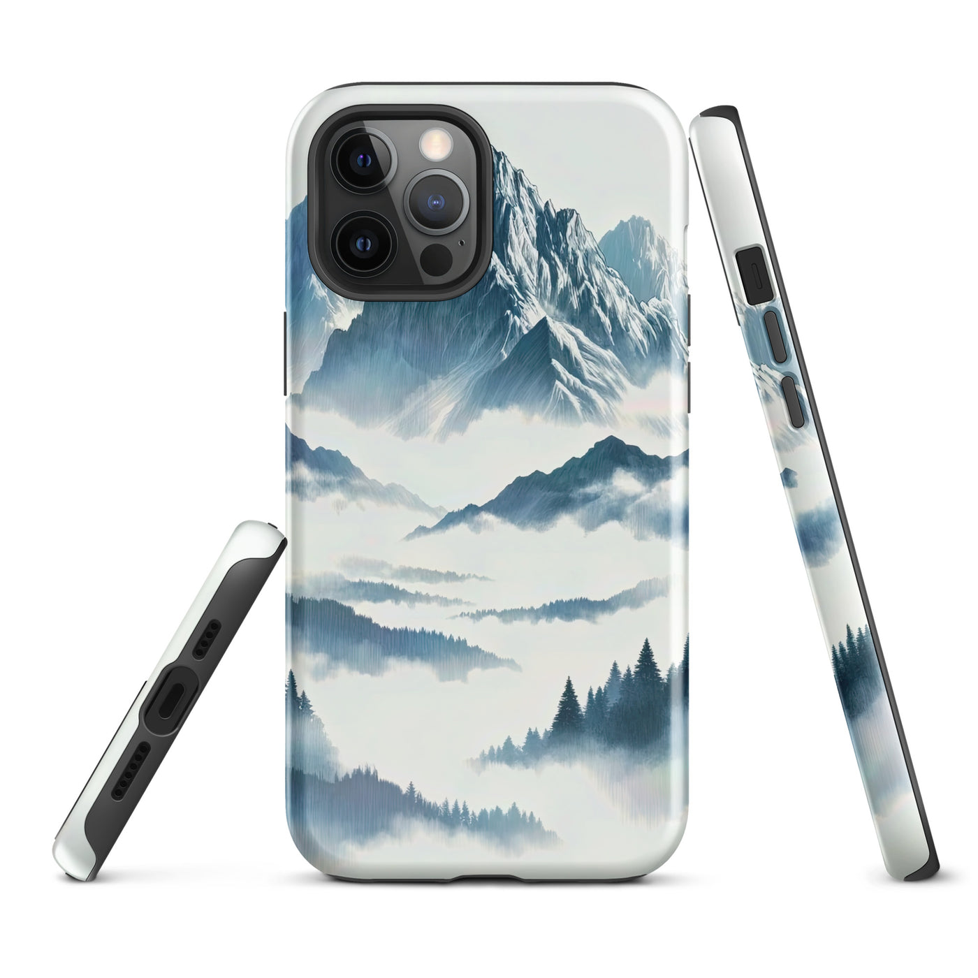 Nebeliger Alpenmorgen-Essenz, verdeckte Täler und Wälder - iPhone Schutzhülle (robust) berge xxx yyy zzz iPhone 12 Pro Max