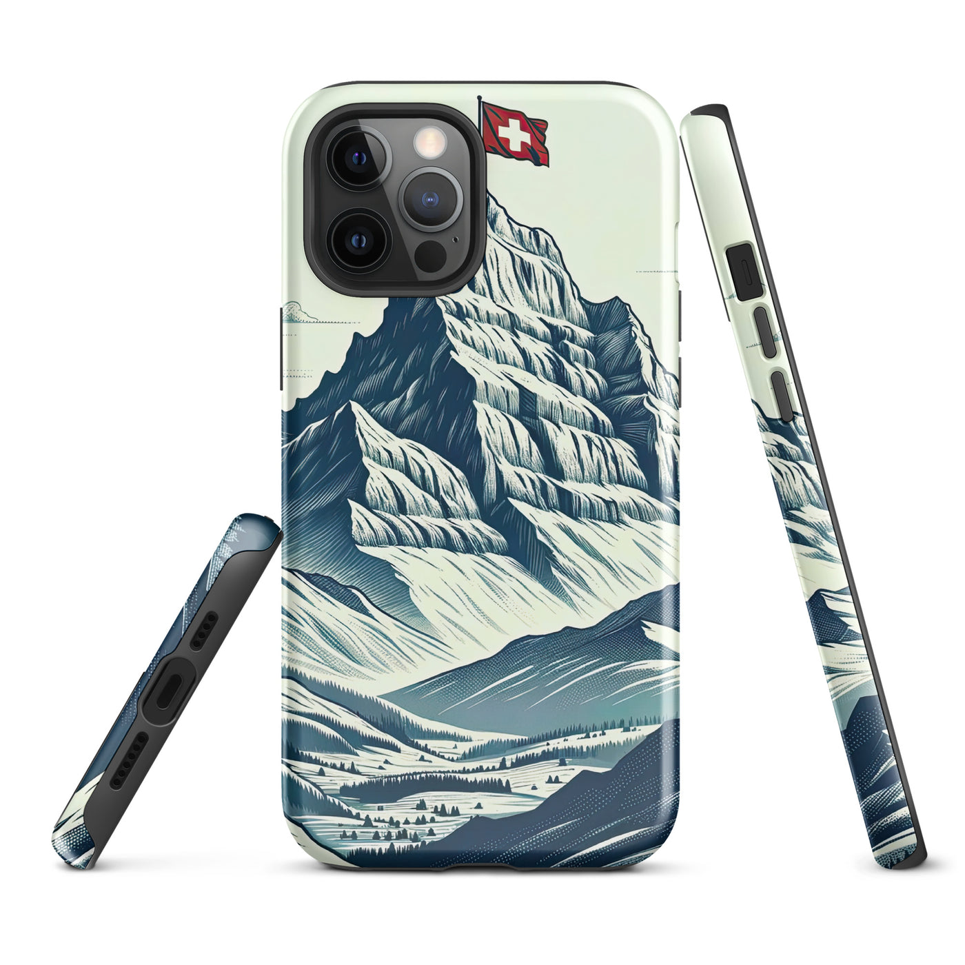 Ausgedehnte Bergkette mit dominierendem Gipfel und wehender Schweizer Flagge - iPhone Schutzhülle (robust) berge xxx yyy zzz iPhone 12 Pro Max