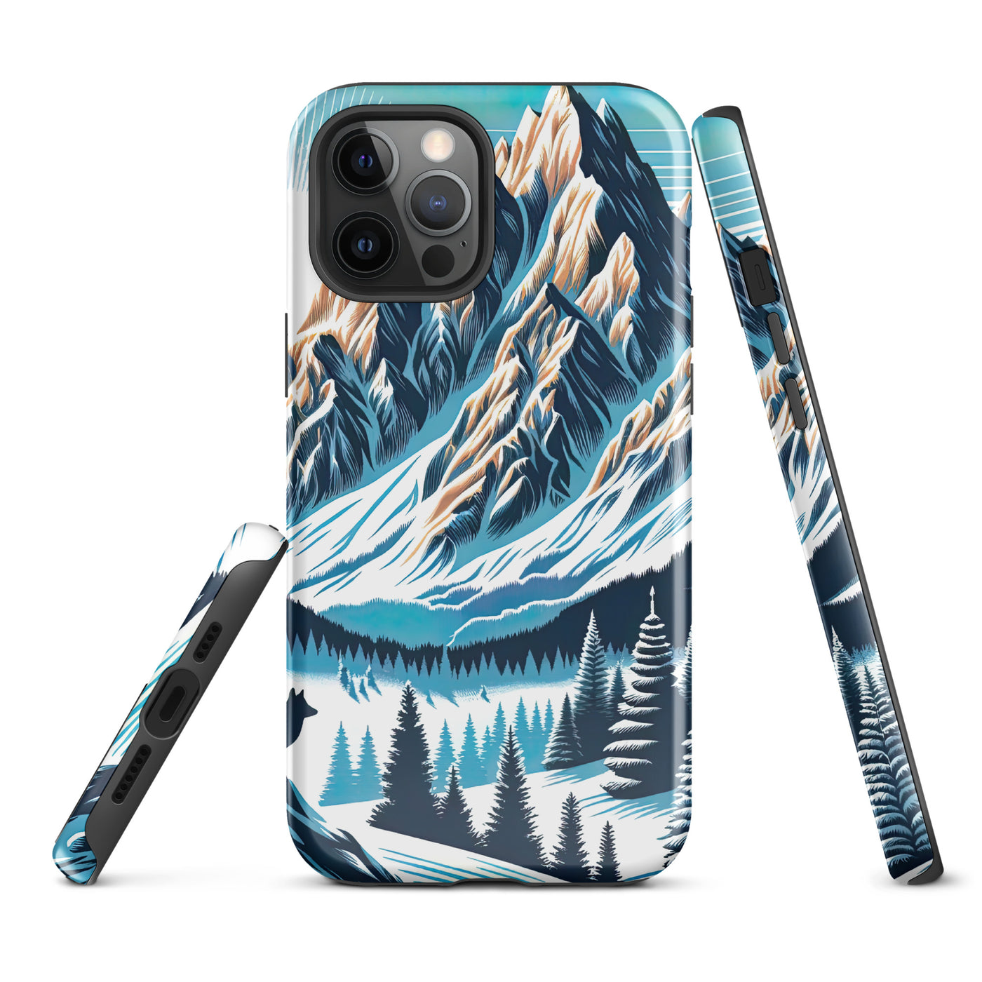 Vektorgrafik eines Wolfes im winterlichen Alpenmorgen, Berge mit Schnee- und Felsmustern - iPhone Schutzhülle (robust) berge xxx yyy zzz iPhone 12 Pro Max