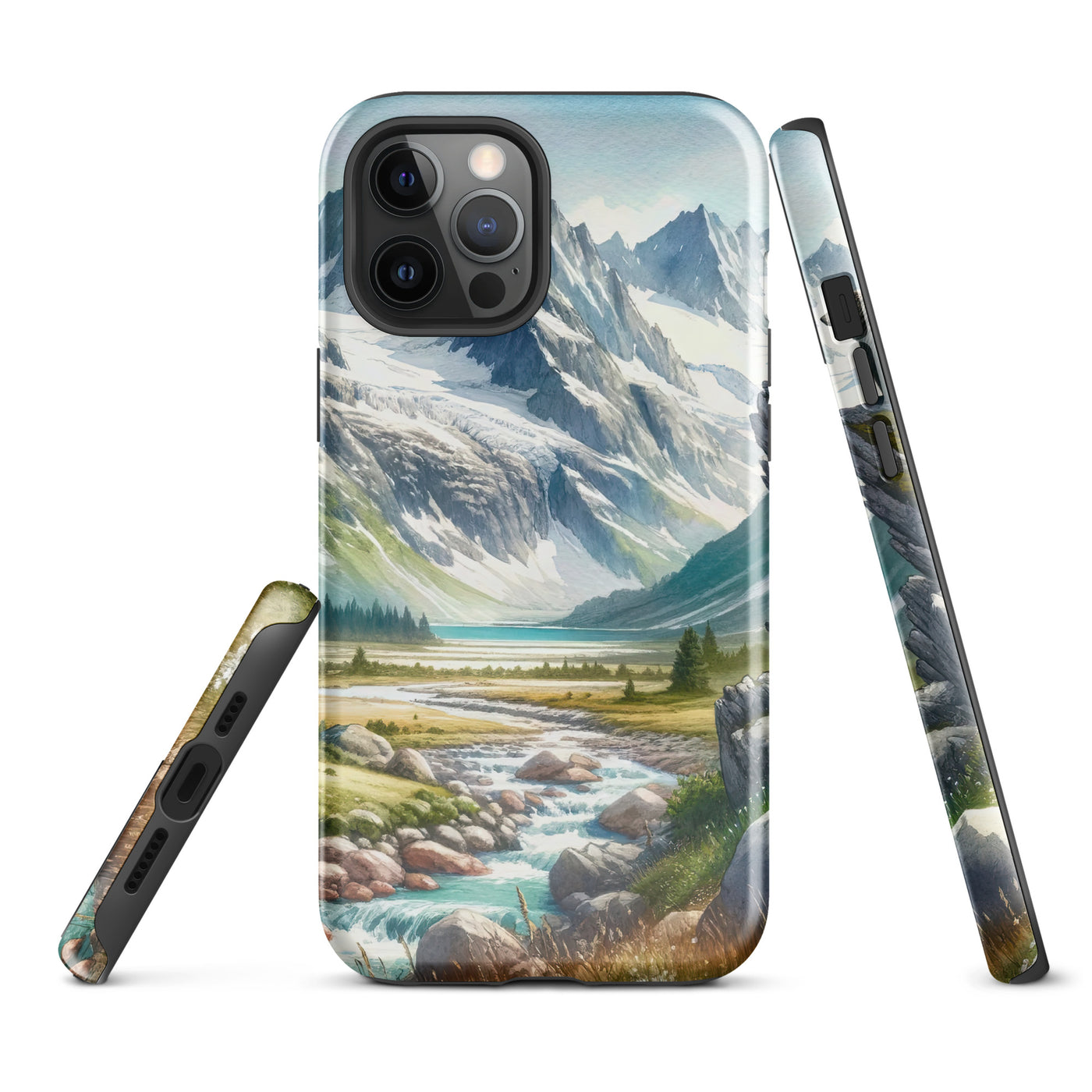 Aquarellmalerei eines Bären und der sommerlichen Alpenschönheit mit schneebedeckten Ketten - iPhone Schutzhülle (robust) camping xxx yyy zzz iPhone 12 Pro Max