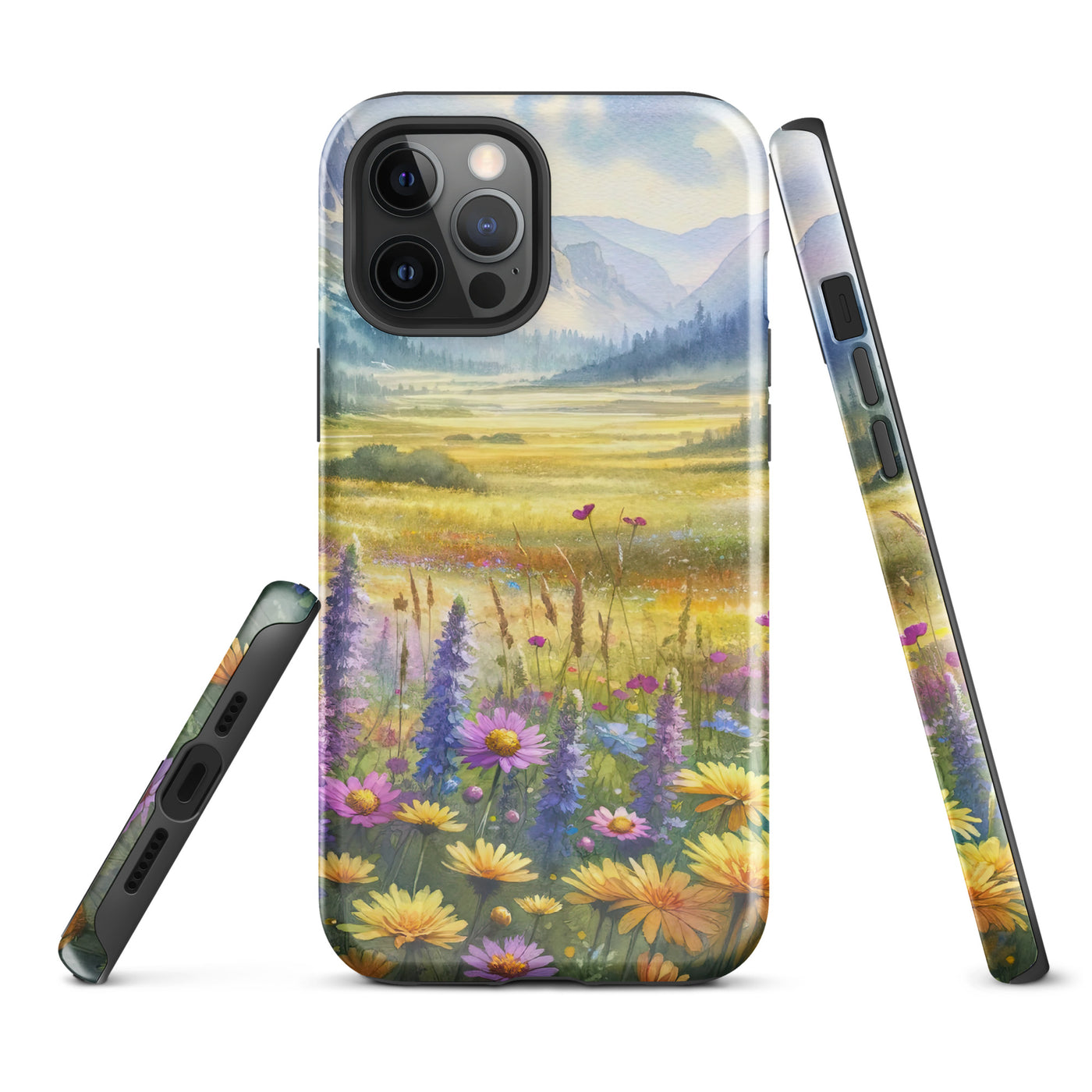 Aquarell einer Almwiese in Ruhe, Wildblumenteppich in Gelb, Lila, Rosa - iPhone Schutzhülle (robust) berge xxx yyy zzz iPhone 12 Pro Max