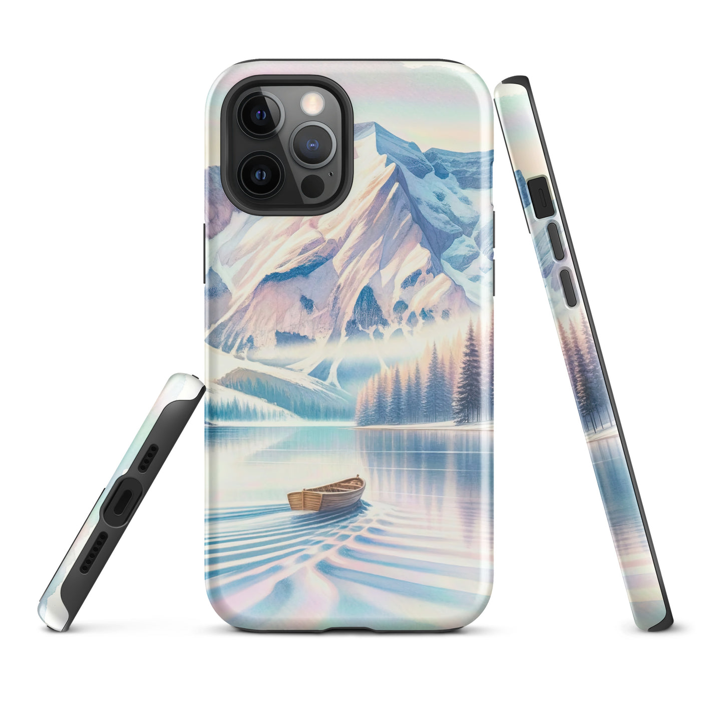 Aquarell eines klaren Alpenmorgens, Boot auf Bergsee in Pastelltönen - iPhone Schutzhülle (robust) berge xxx yyy zzz iPhone 12 Pro Max