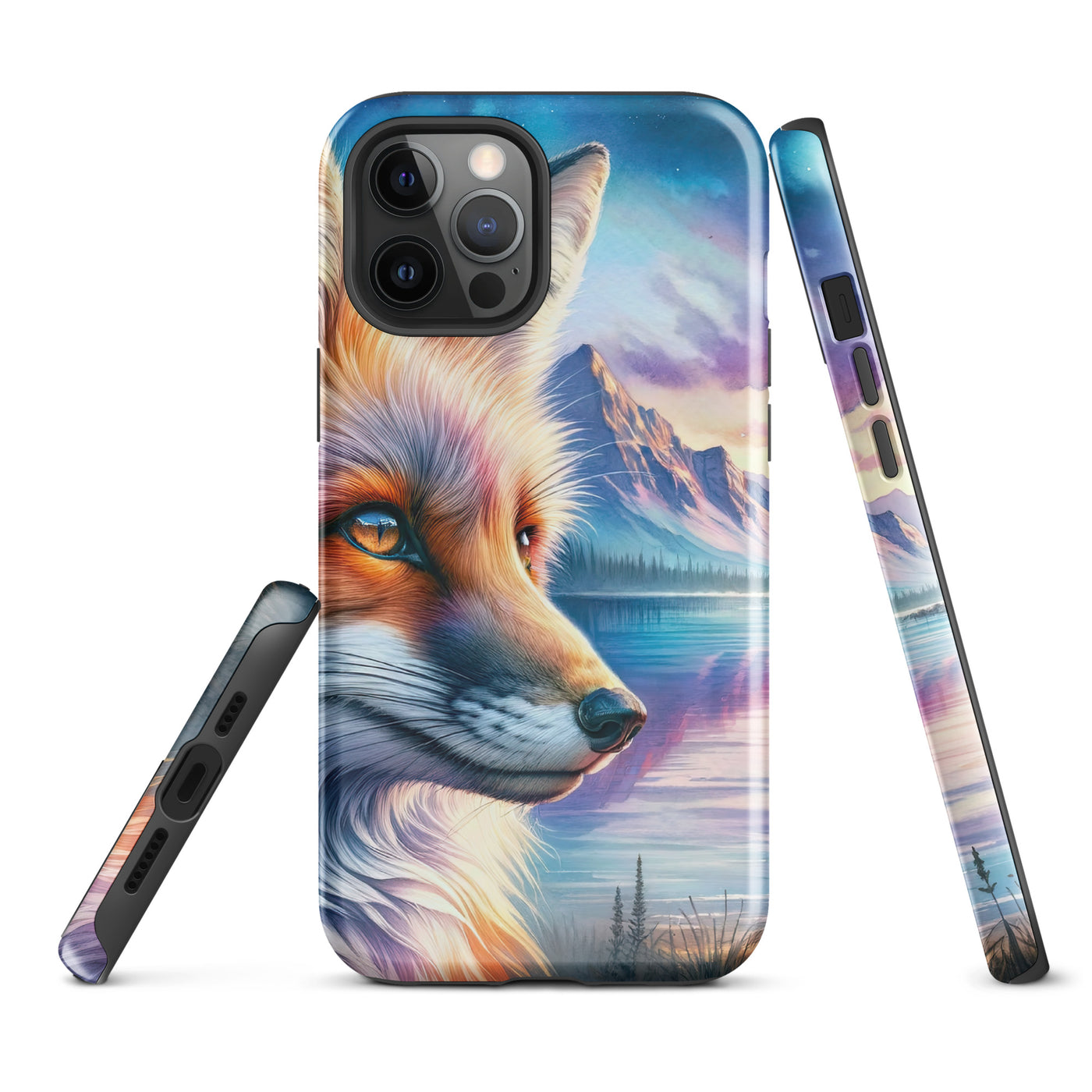 Aquarellporträt eines Fuchses im Dämmerlicht am Bergsee - iPhone Schutzhülle (robust) camping xxx yyy zzz iPhone 12 Pro Max