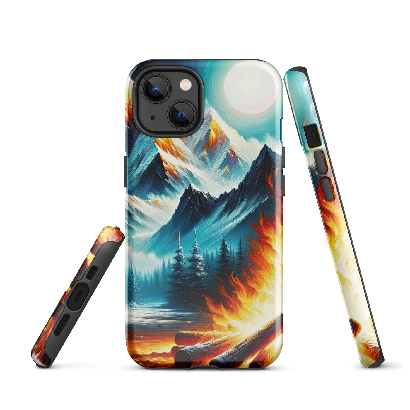 Ölgemälde von Feuer und Eis: Lagerfeuer und Alpen im Kontrast, warme Flammen - iPhone Schutzhülle (robust) camping xxx yyy zzz iPhone 13