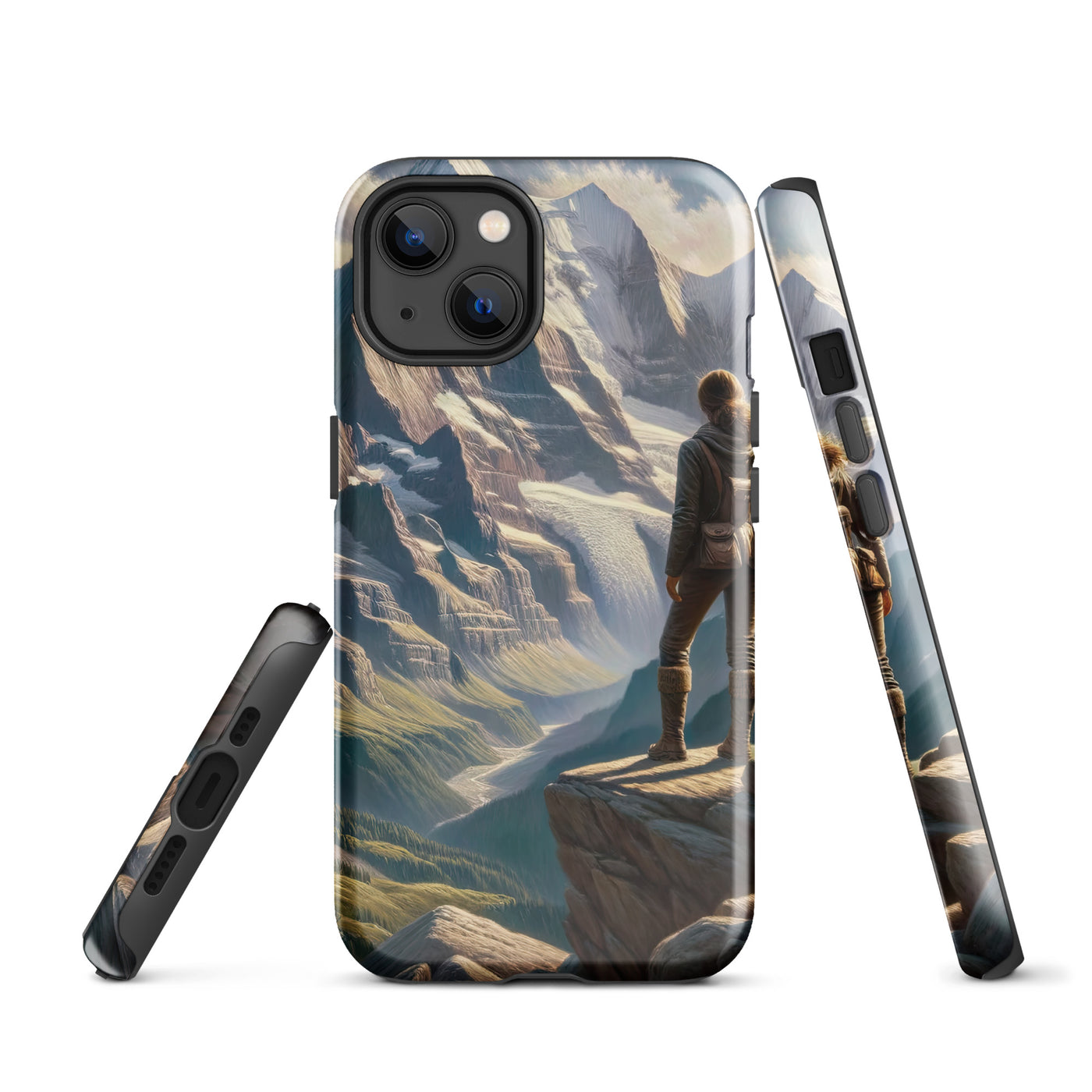 Ölgemälde der Alpengipfel mit Schweizer Abenteurerin auf Felsvorsprung - iPhone Schutzhülle (robust) wandern xxx yyy zzz iPhone 13