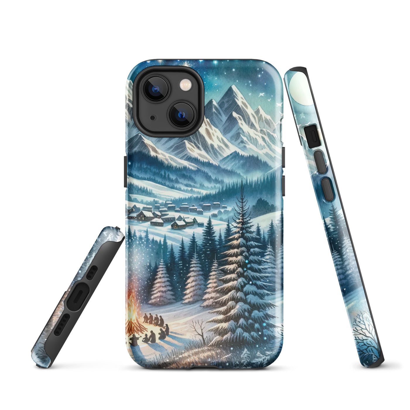 Aquarell eines Winterabends in den Alpen mit Lagerfeuer und Wanderern, glitzernder Neuschnee - iPhone Schutzhülle (robust) camping xxx yyy zzz iPhone 13