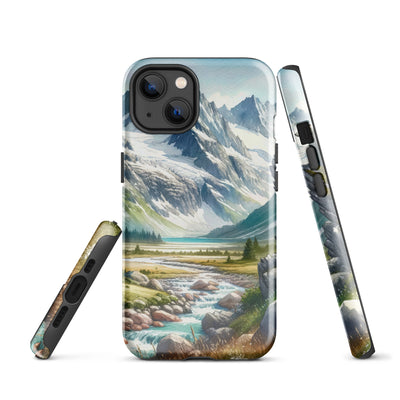 Aquarellmalerei eines Bären und der sommerlichen Alpenschönheit mit schneebedeckten Ketten - iPhone Schutzhülle (robust) camping xxx yyy zzz iPhone 13