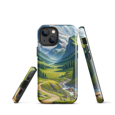 Wanderer in den Bergen und Wald: Digitale Malerei mit grünen kurvenreichen Pfaden - iPhone Schutzhülle (robust) wandern xxx yyy zzz iPhone 13 mini