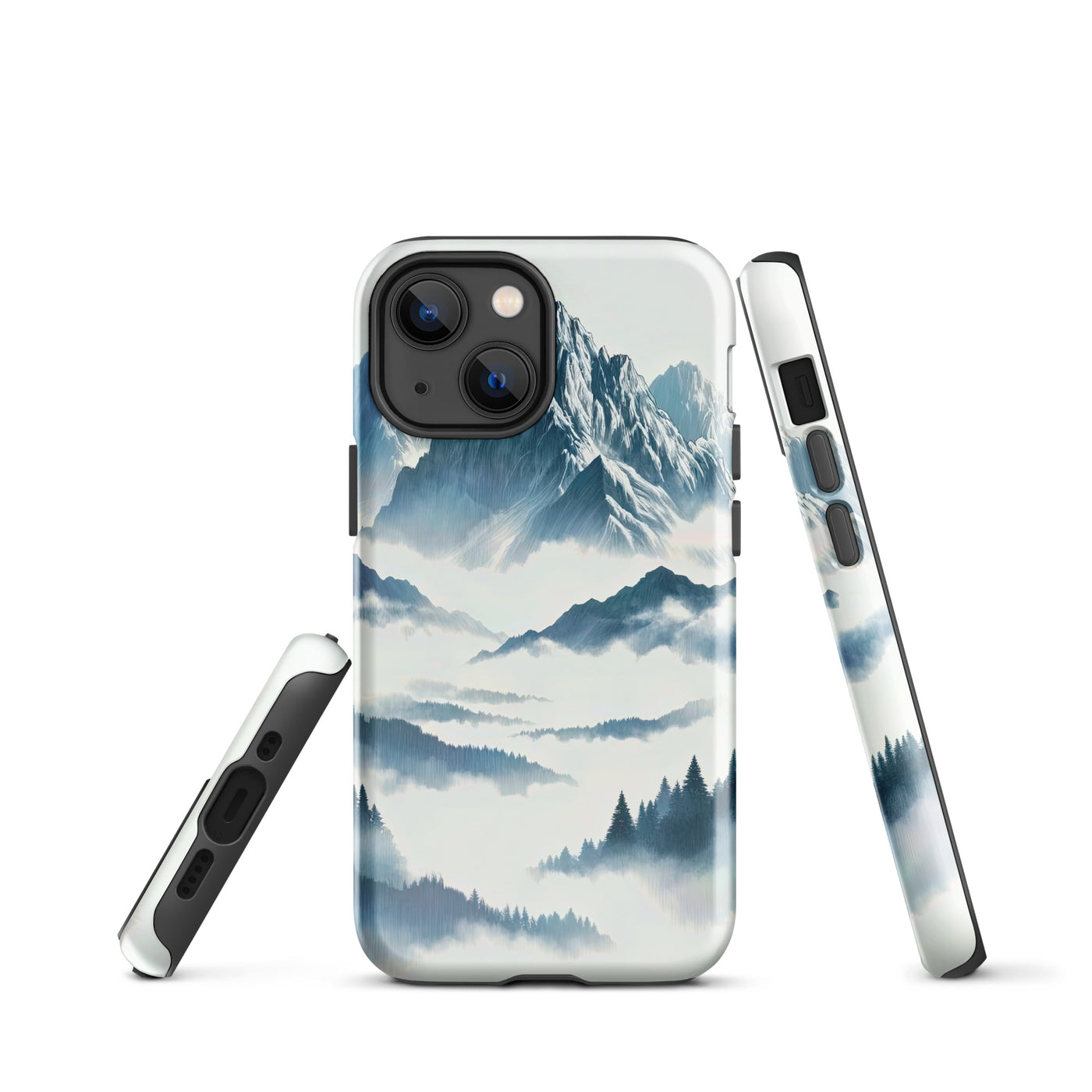 Nebeliger Alpenmorgen-Essenz, verdeckte Täler und Wälder - iPhone Schutzhülle (robust) berge xxx yyy zzz iPhone 13 mini