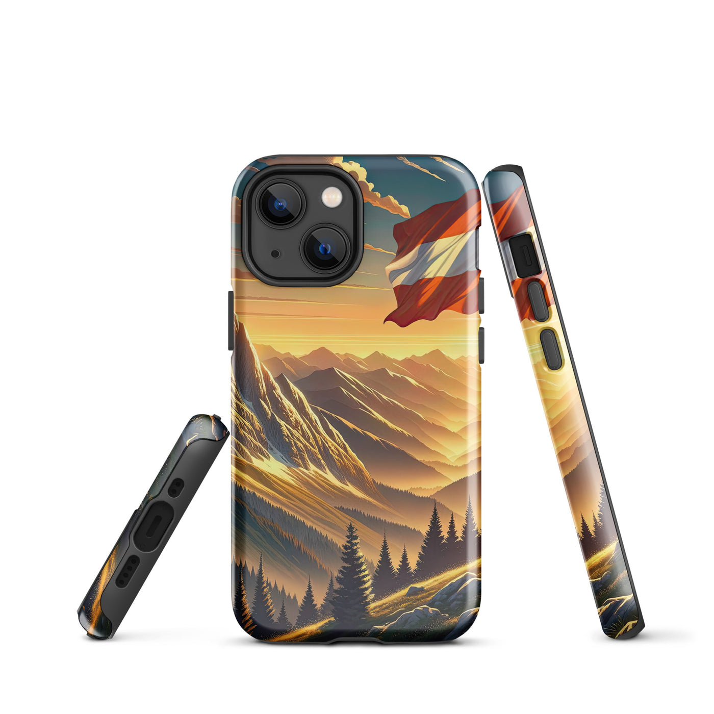 Ruhiger Alpenabend mit österreichischer Flagge und goldenem Sonnenuntergang - iPhone Schutzhülle (robust) berge xxx yyy zzz iPhone 13 mini