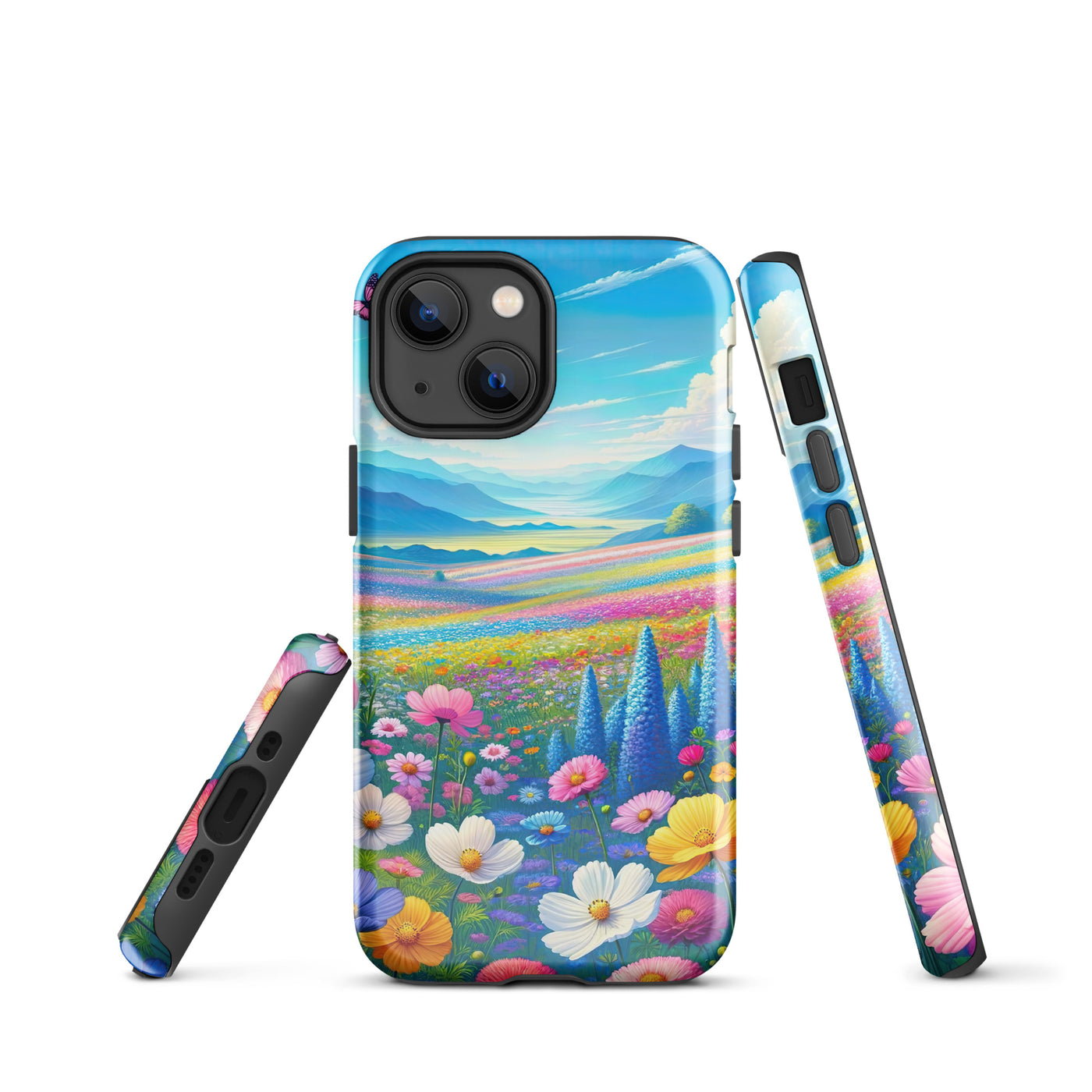 Weitläufiges Blumenfeld unter himmelblauem Himmel, leuchtende Flora - iPhone Schutzhülle (robust) camping xxx yyy zzz iPhone 13 mini