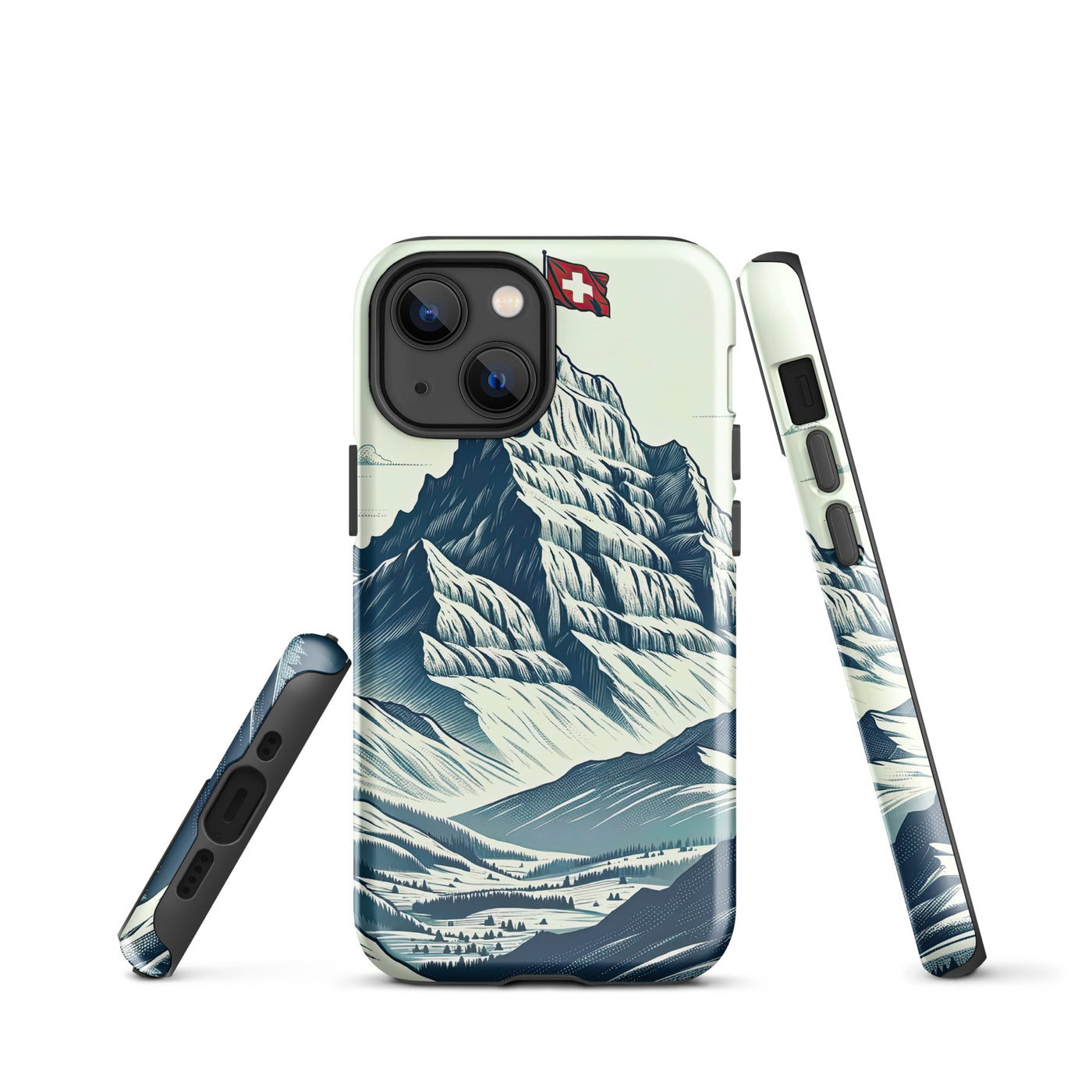 Ausgedehnte Bergkette mit dominierendem Gipfel und wehender Schweizer Flagge - iPhone Schutzhülle (robust) berge xxx yyy zzz iPhone 13 mini