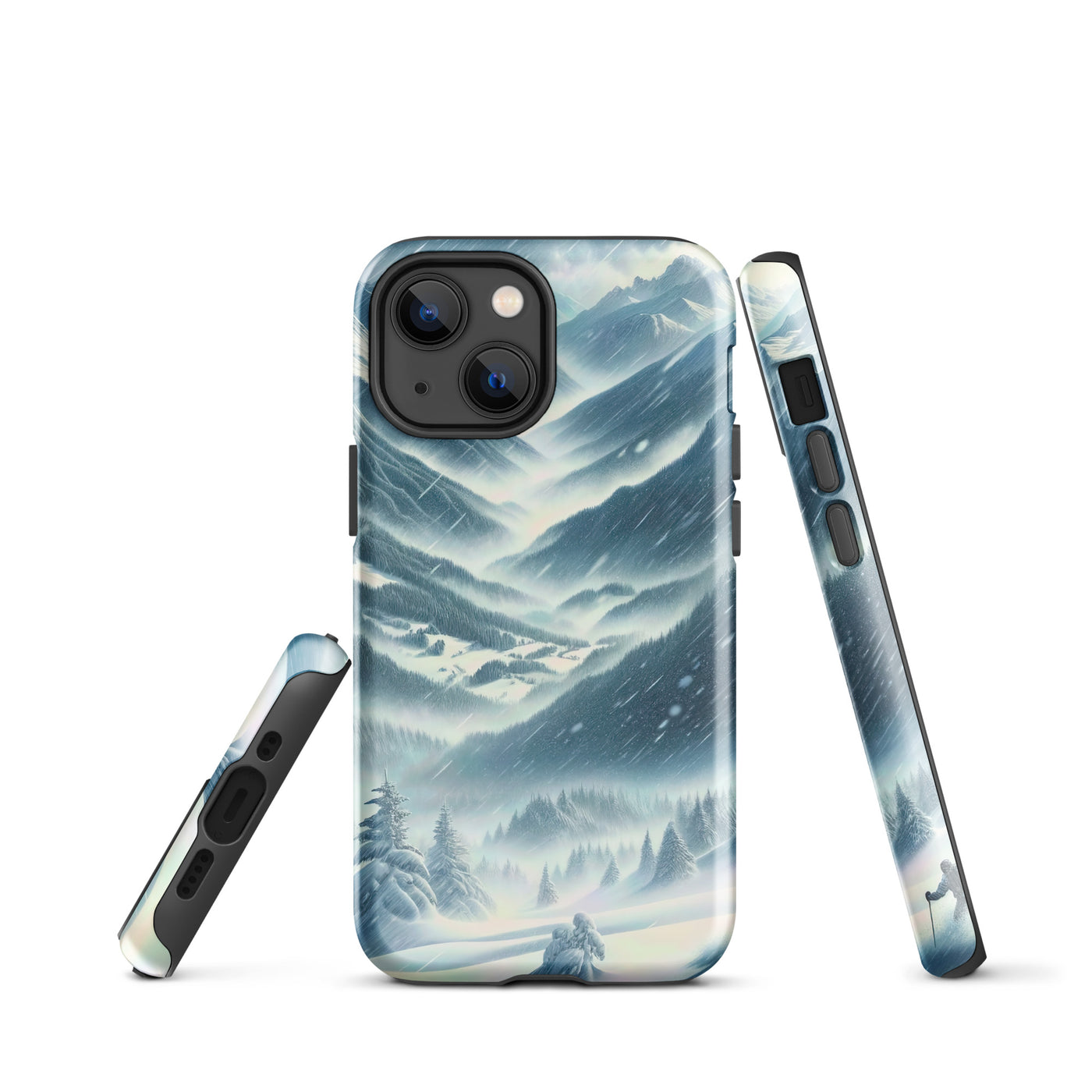 Alpine Wildnis im Wintersturm mit Skifahrer, verschneite Landschaft - iPhone Schutzhülle (robust) klettern ski xxx yyy zzz iPhone 13 mini
