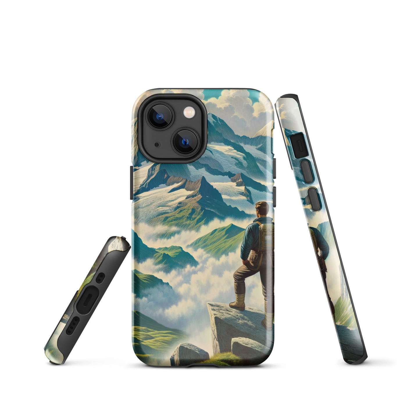 Panoramablick der Alpen mit Wanderer auf einem Hügel und schroffen Gipfeln - iPhone Schutzhülle (robust) wandern xxx yyy zzz iPhone 13 mini