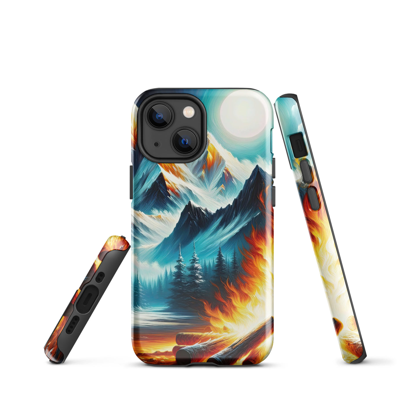 Ölgemälde von Feuer und Eis: Lagerfeuer und Alpen im Kontrast, warme Flammen - iPhone Schutzhülle (robust) camping xxx yyy zzz iPhone 13 mini