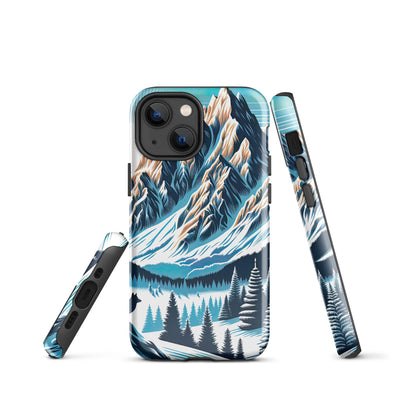 Vektorgrafik eines Wolfes im winterlichen Alpenmorgen, Berge mit Schnee- und Felsmustern - iPhone Schutzhülle (robust) berge xxx yyy zzz iPhone 13 mini