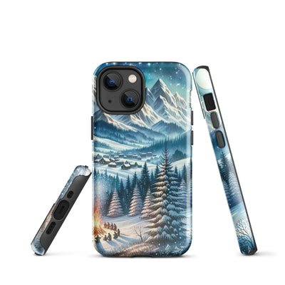 Aquarell eines Winterabends in den Alpen mit Lagerfeuer und Wanderern, glitzernder Neuschnee - iPhone Schutzhülle (robust) camping xxx yyy zzz iPhone 13 mini