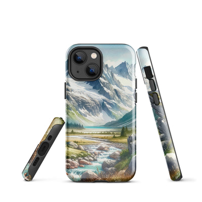 Aquarellmalerei eines Bären und der sommerlichen Alpenschönheit mit schneebedeckten Ketten - iPhone Schutzhülle (robust) camping xxx yyy zzz iPhone 13 mini