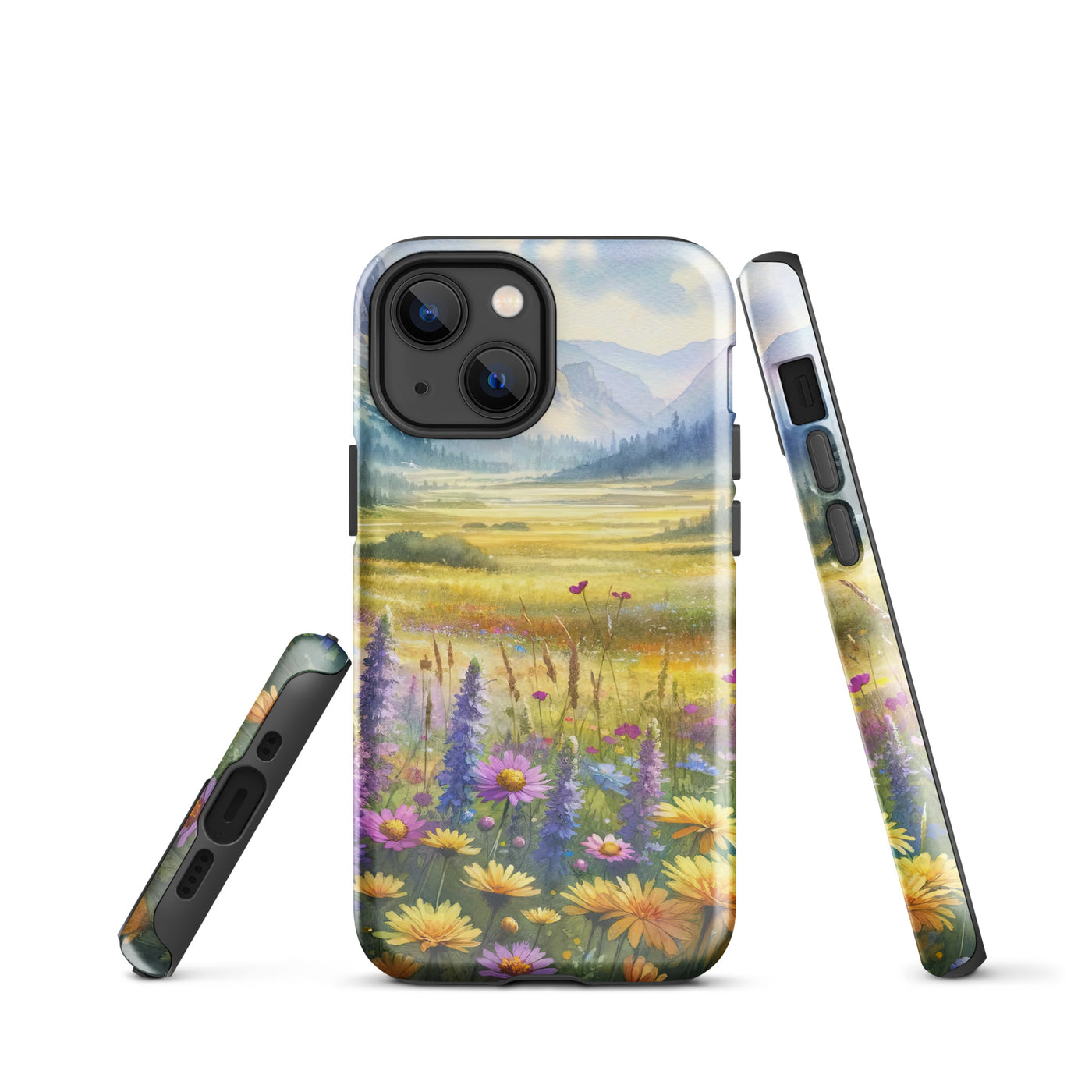 Aquarell einer Almwiese in Ruhe, Wildblumenteppich in Gelb, Lila, Rosa - iPhone Schutzhülle (robust) berge xxx yyy zzz iPhone 13 mini