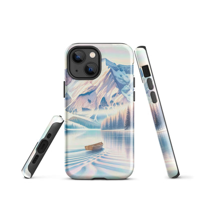 Aquarell eines klaren Alpenmorgens, Boot auf Bergsee in Pastelltönen - iPhone Schutzhülle (robust) berge xxx yyy zzz iPhone 13 mini
